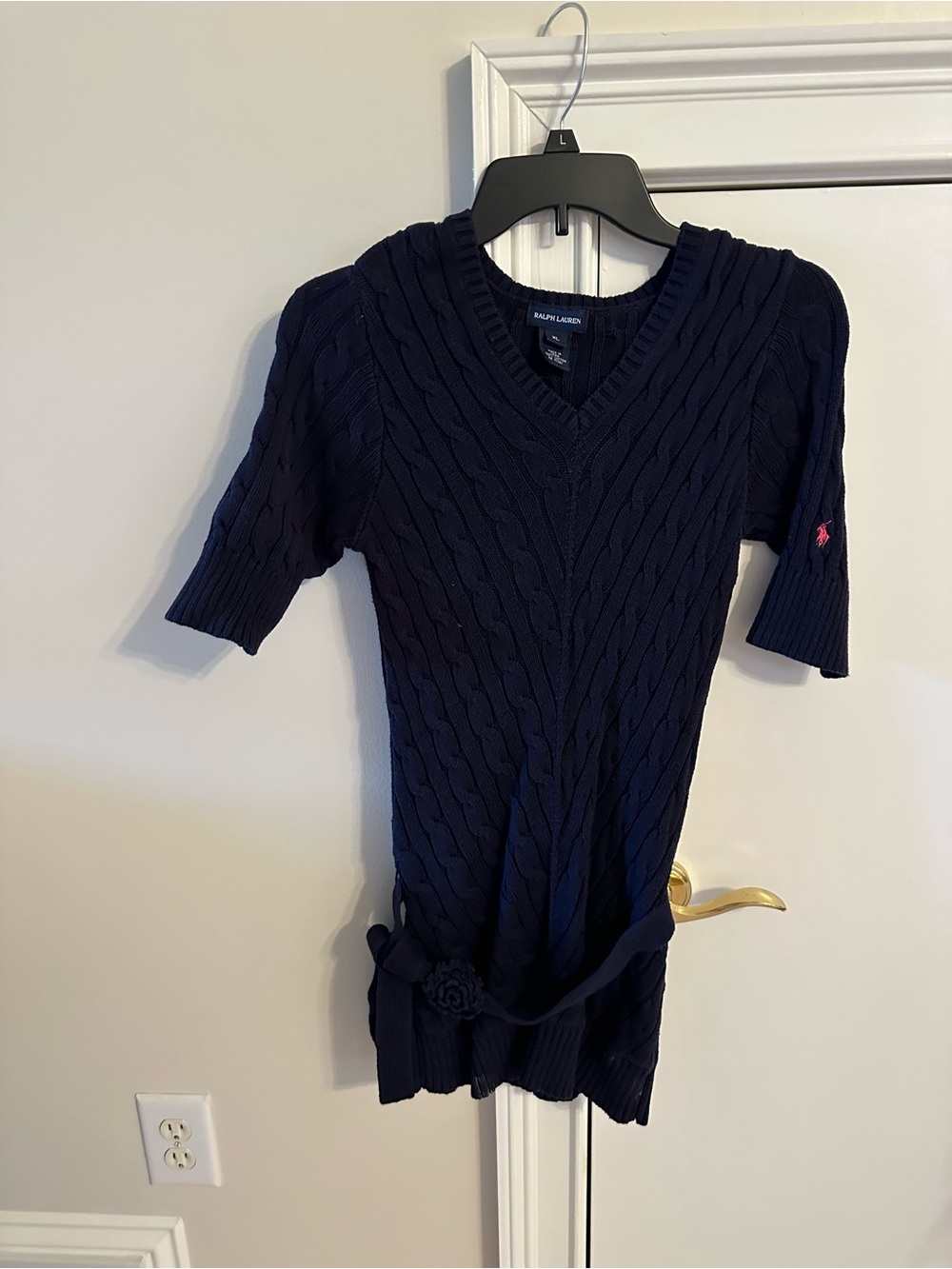 Ralph Lauren Navy Cable-Knit V-Neck Belted Kids Dress